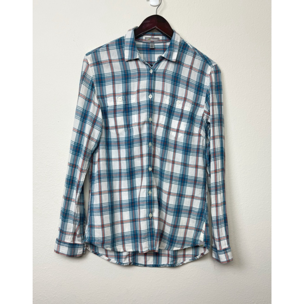 Horny Toad Women Long Sleeve Plaid Button Up Shirt Blue Small Organic Cotton